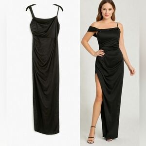 Lulu's Lush Love Formal Evening Gown Satin Off Shoulder Slit Maxi Dress Black L